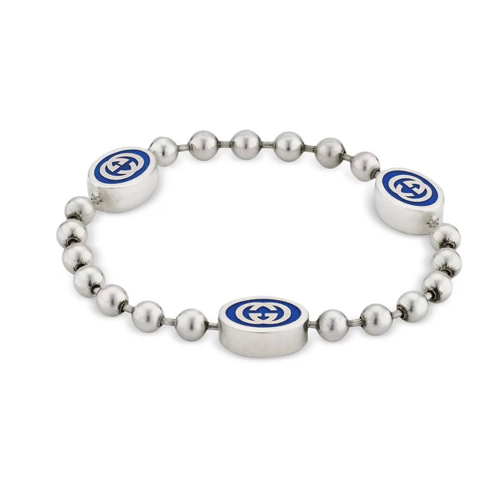 Gucci Sterling Silver Boule Blue Enamel Logo Beaded Bracelet BRAND NEW WITH TAGS